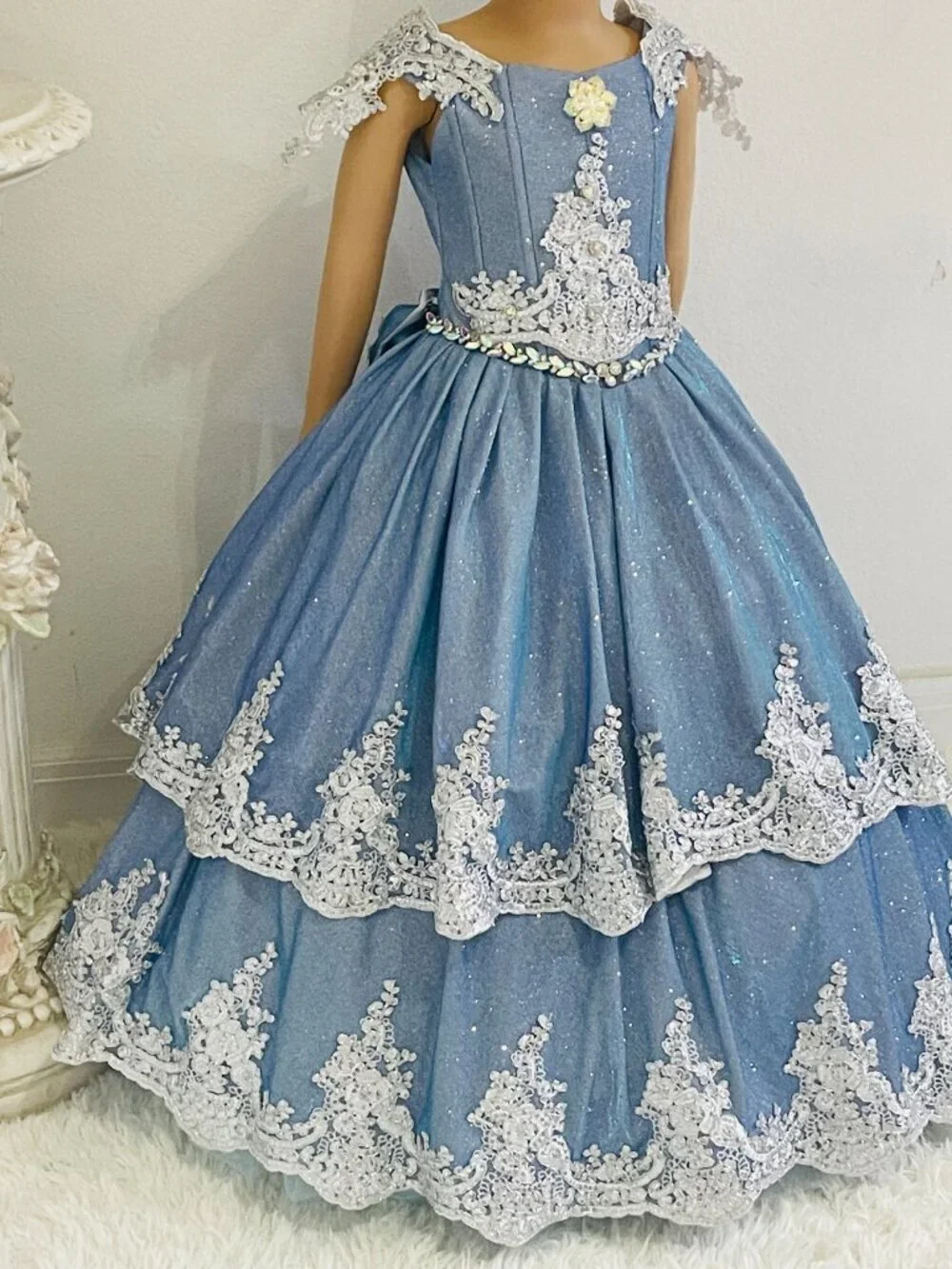 Girls 2-in-1 Blue Princess Dress with Adjustable Corset Back